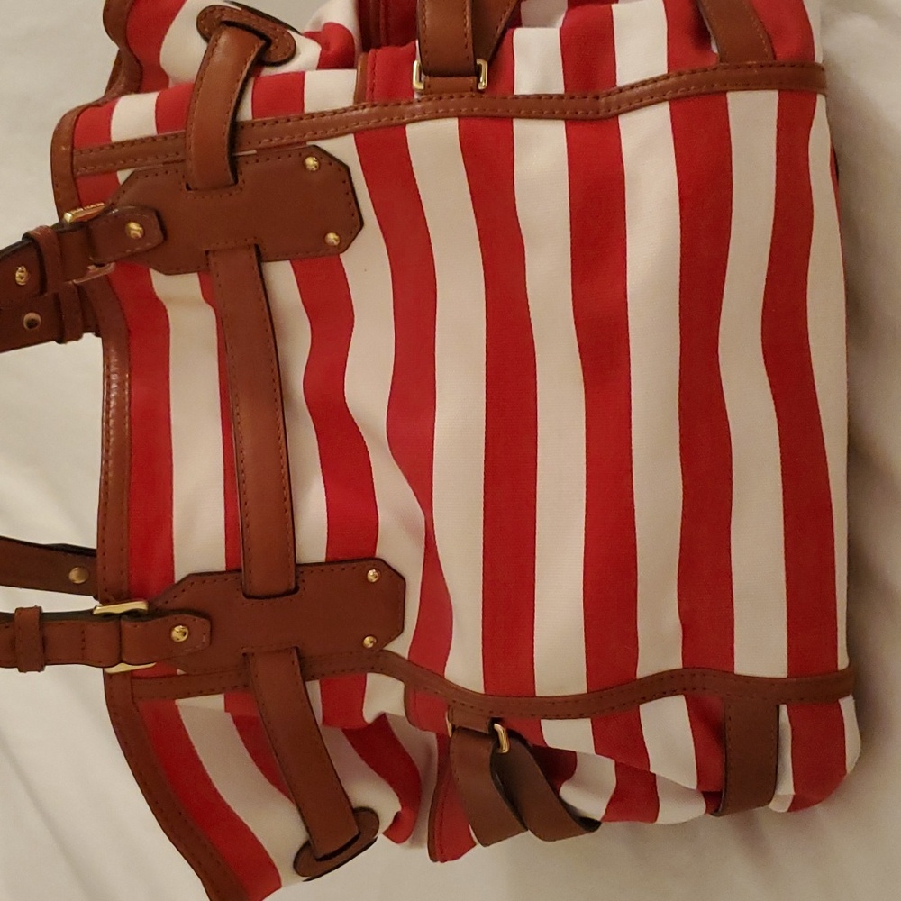 Michael Kors Gansevort canvas Purse Tote Striped red white - Picture 7 of 11